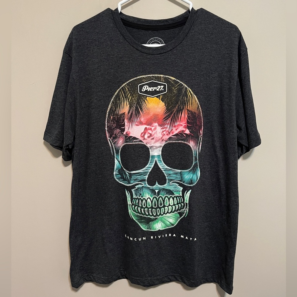 Pier27 Charcoal Skull Graphic Cancun Riviera Maya Tee, size L